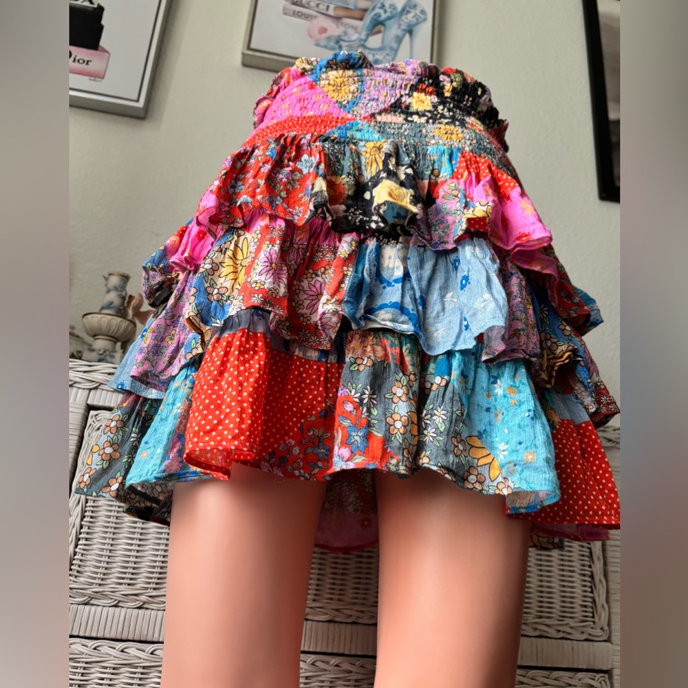 Spell & The Gypsy Collective Cha Cha Shirred Mini Skirt Multicolor Cotton Size M - Picture 2 of 9